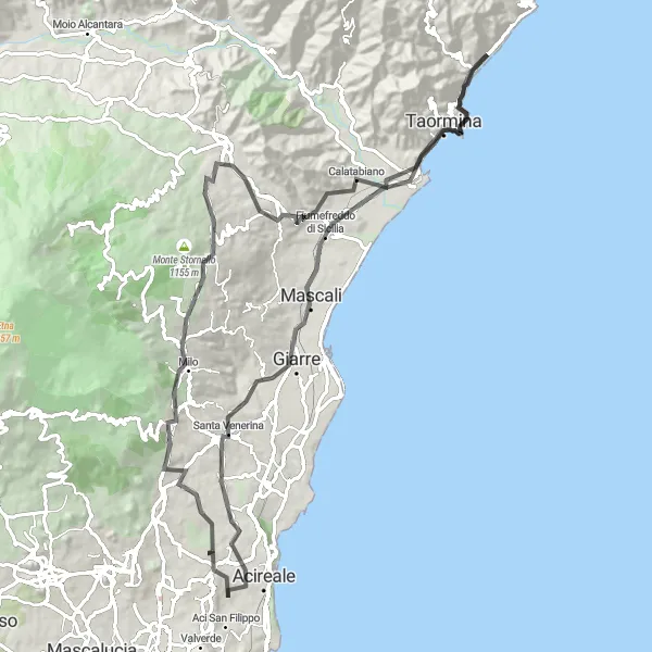 Map miniature of "Mountains and Coastal Views" cycling inspiration in Sicilia, Italy. Generated by Tarmacs.app cycling route planner