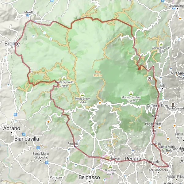 Miniatura della mappa di ispirazione al ciclismo "Tour in gravel da Aci Sant'Antonio a Lavinaio" nella regione di Sicilia, Italy. Generata da Tarmacs.app, pianificatore di rotte ciclistiche