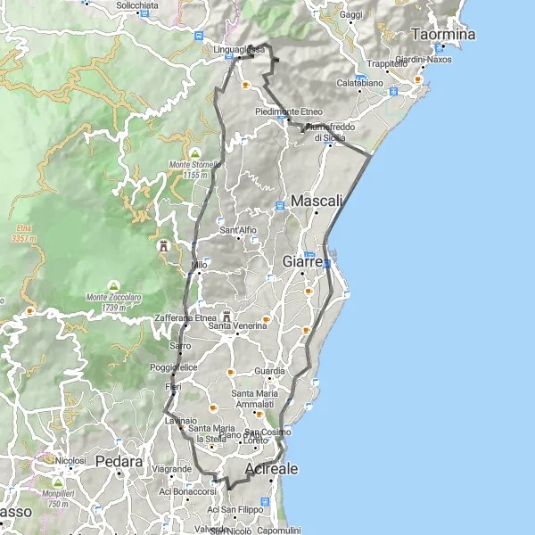 Map miniature of "Charming Towns and Coastal Ride" cycling inspiration in Sicilia, Italy. Generated by Tarmacs.app cycling route planner