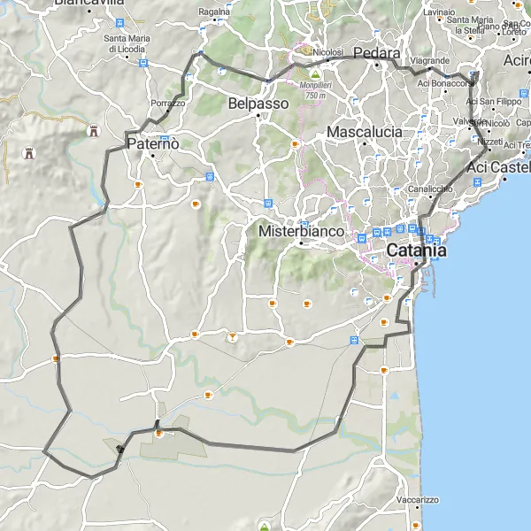 Miniatura della mappa di ispirazione al ciclismo "Avventura in bicicletta tra Tetto di San Nicola, Castello Ursino e Monti Rossi" nella regione di Sicilia, Italy. Generata da Tarmacs.app, pianificatore di rotte ciclistiche