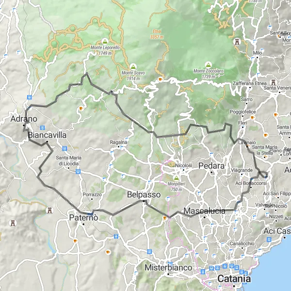 Map miniature of "Volcanic Adventure" cycling inspiration in Sicilia, Italy. Generated by Tarmacs.app cycling route planner