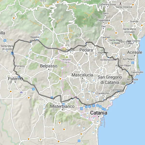 Map miniature of "Scenic Road Tour of Aci Trezza and its Surroundings" cycling inspiration in Sicilia, Italy. Generated by Tarmacs.app cycling route planner