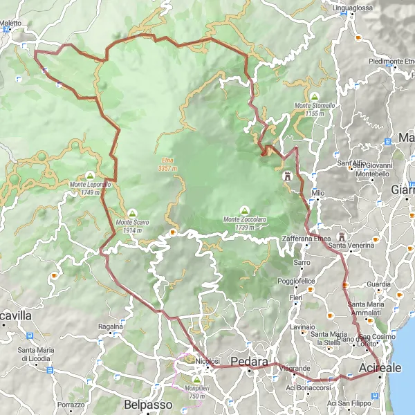 Map miniature of "Mountainous Challenge near Acireale" cycling inspiration in Sicilia, Italy. Generated by Tarmacs.app cycling route planner