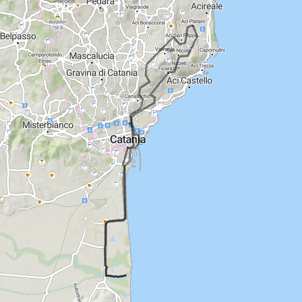 Map miniature of "Cultural Delights of Acireale" cycling inspiration in Sicilia, Italy. Generated by Tarmacs.app cycling route planner