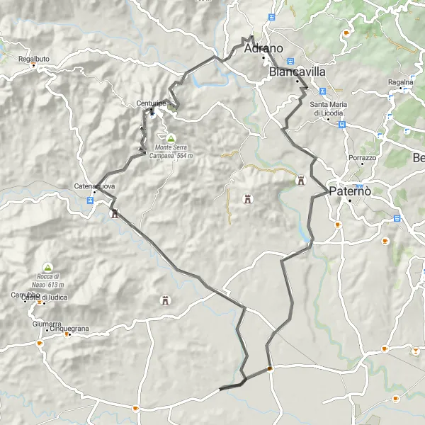 Miniatura della mappa di ispirazione al ciclismo "Giro in bicicletta da Adrano a Centuripe" nella regione di Sicilia, Italy. Generata da Tarmacs.app, pianificatore di rotte ciclistiche