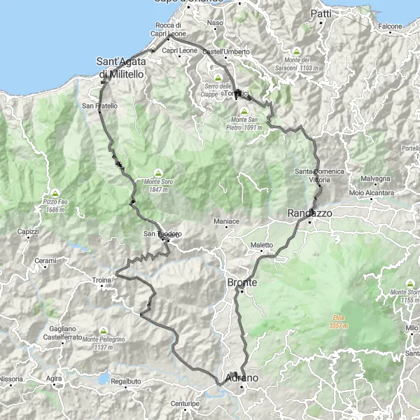 Miniatura della mappa di ispirazione al ciclismo "Sfida su strada da Adrano a Parco Archeologico Mura Dionigiane" nella regione di Sicilia, Italy. Generata da Tarmacs.app, pianificatore di rotte ciclistiche