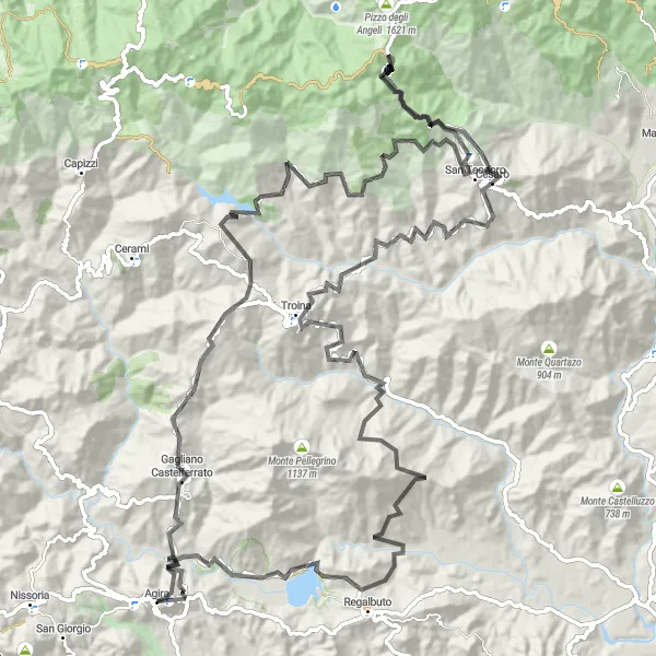 Map miniature of "Gravel Expedition to Agira" cycling inspiration in Sicilia, Italy. Generated by Tarmacs.app cycling route planner