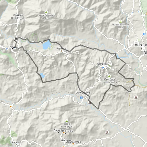 Map miniature of "Monte Serrone Loop" cycling inspiration in Sicilia, Italy. Generated by Tarmacs.app cycling route planner