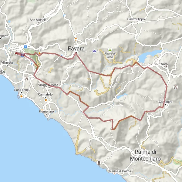 Miniatura della mappa di ispirazione al ciclismo "Tour in mountain bike da Favara al Tempio della Concordia" nella regione di Sicilia, Italy. Generata da Tarmacs.app, pianificatore di rotte ciclistiche