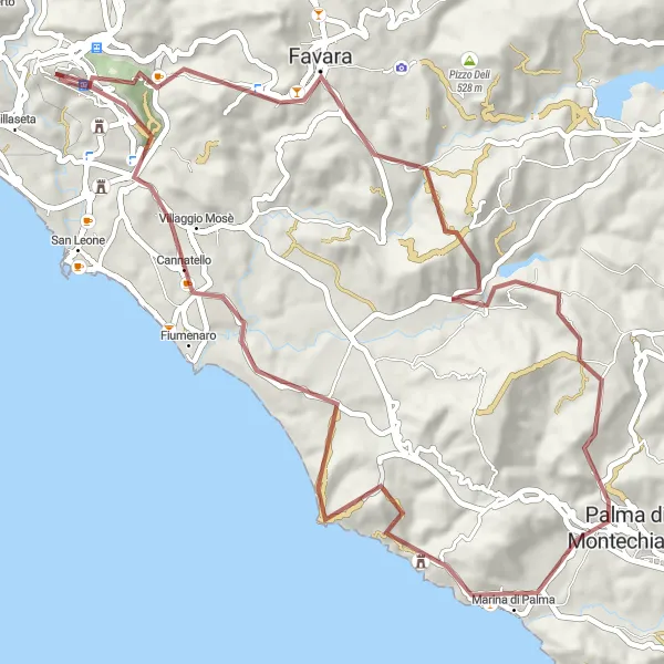 Map miniature of "Scenic Gravel Journey in Agrigento" cycling inspiration in Sicilia, Italy. Generated by Tarmacs.app cycling route planner