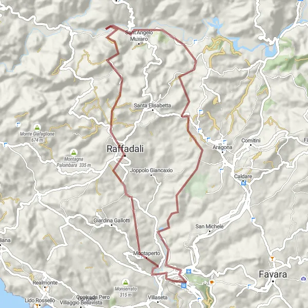 Miniatura della mappa di ispirazione al ciclismo "Esplorazione in mountain bike tra Montaperto e Agrigento" nella regione di Sicilia, Italy. Generata da Tarmacs.app, pianificatore di rotte ciclistiche