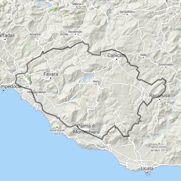 Miniatura della mappa di ispirazione al ciclismo "Tour ciclistico attraverso le rovine antiche" nella regione di Sicilia, Italy. Generata da Tarmacs.app, pianificatore di rotte ciclistiche