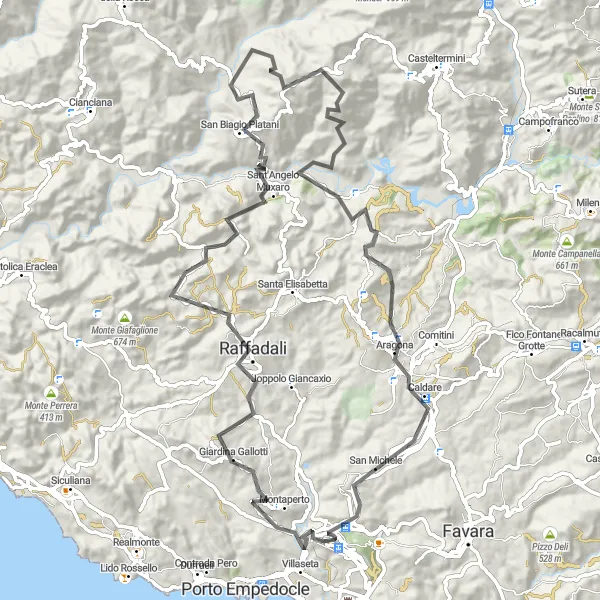 Miniatura della mappa di ispirazione al ciclismo "Avventura in bicicletta tra le colline siciliane" nella regione di Sicilia, Italy. Generata da Tarmacs.app, pianificatore di rotte ciclistiche