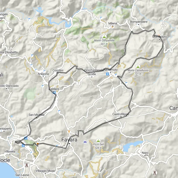 Miniatura della mappa di ispirazione al ciclismo "Giro in bici da Agrigento a Monte Castelluccio" nella regione di Sicilia, Italy. Generata da Tarmacs.app, pianificatore di rotte ciclistiche
