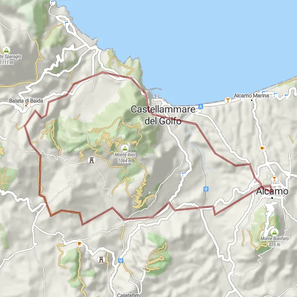 Map miniature of "The Scenic Gravel Exploration" cycling inspiration in Sicilia, Italy. Generated by Tarmacs.app cycling route planner