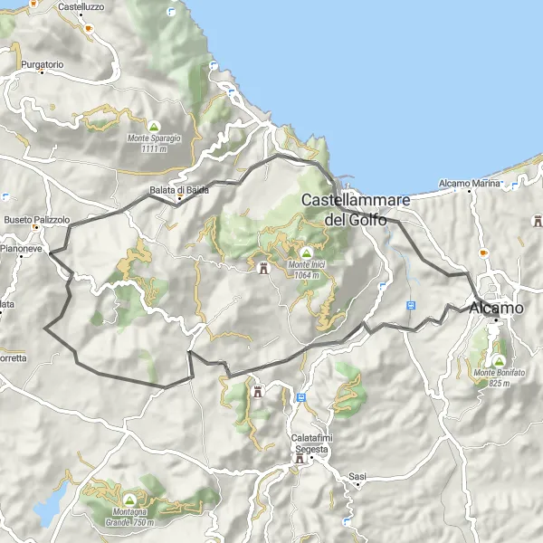 Map miniature of "The Segesta Challenge" cycling inspiration in Sicilia, Italy. Generated by Tarmacs.app cycling route planner