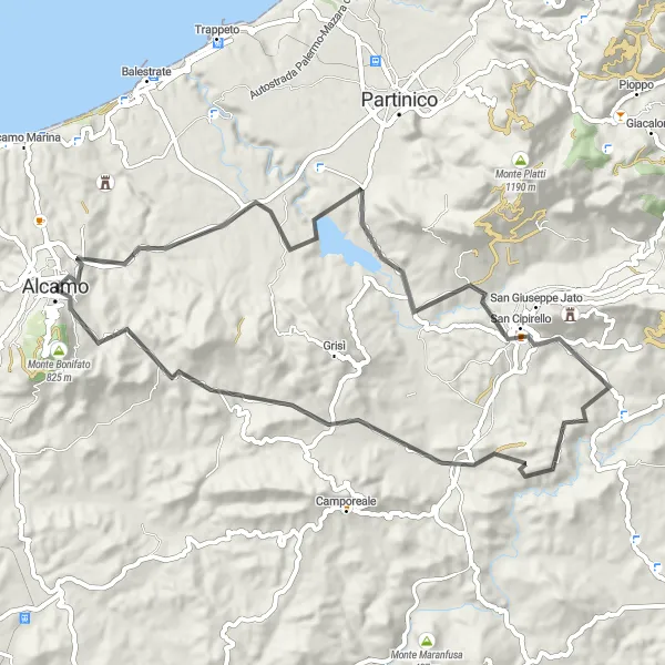 Map miniature of "The Challenging Ride" cycling inspiration in Sicilia, Italy. Generated by Tarmacs.app cycling route planner