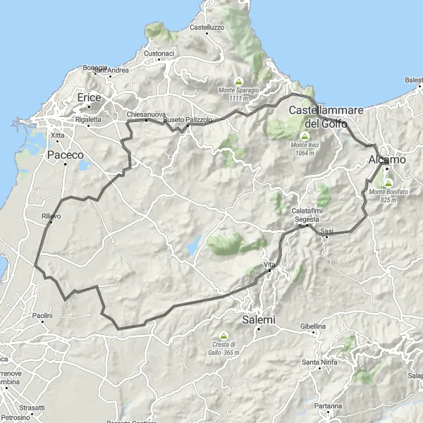 Miniatura della mappa di ispirazione al ciclismo "Scoperta dei Monti" nella regione di Sicilia, Italy. Generata da Tarmacs.app, pianificatore di rotte ciclistiche