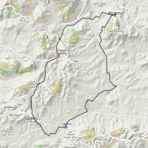 Miniatura della mappa di ispirazione al ciclismo "Terra e Cultura" nella regione di Sicilia, Italy. Generata da Tarmacs.app, pianificatore di rotte ciclistiche
