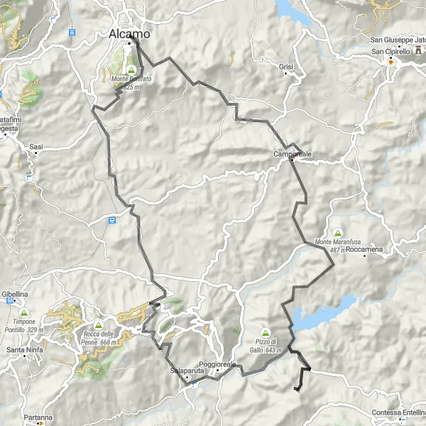 Miniatura della mappa di ispirazione al ciclismo "Tour in bici attraverso le montagne della Sicilia occidentale" nella regione di Sicilia, Italy. Generata da Tarmacs.app, pianificatore di rotte ciclistiche
