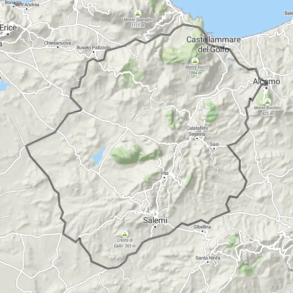 Miniatura della mappa di ispirazione al ciclismo "Scoperta delle Terre dell'Entroterra" nella regione di Sicilia, Italy. Generata da Tarmacs.app, pianificatore di rotte ciclistiche