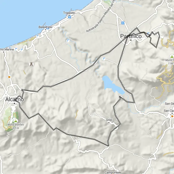 Miniatura della mappa di ispirazione al ciclismo "Tour delle Colline Alcamo - Borgetto" nella regione di Sicilia, Italy. Generata da Tarmacs.app, pianificatore di rotte ciclistiche