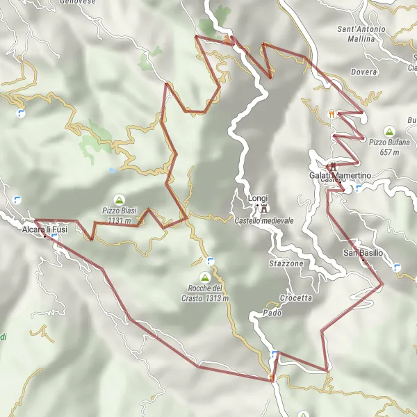 Miniatura della mappa di ispirazione al ciclismo "Giro Scenico di Alcara Li Fusi" nella regione di Sicilia, Italy. Generata da Tarmacs.app, pianificatore di rotte ciclistiche
