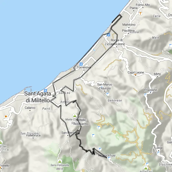 Miniatura della mappa di ispirazione al ciclismo "Giro Ciclistico in Road nelle Vicinanze di Alcara Li Fusi" nella regione di Sicilia, Italy. Generata da Tarmacs.app, pianificatore di rotte ciclistiche