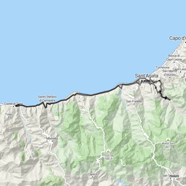 Miniatura della mappa di ispirazione al ciclismo "Avventura Ciclistica di Alcara Li Fusi" nella regione di Sicilia, Italy. Generata da Tarmacs.app, pianificatore di rotte ciclistiche