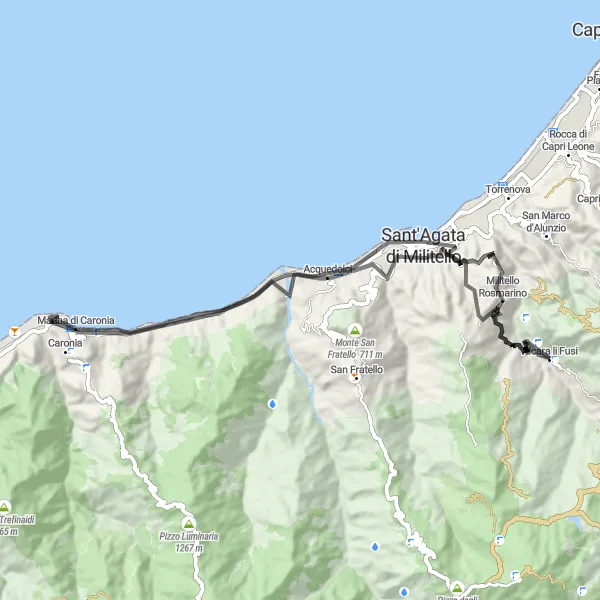 Miniatura della mappa di ispirazione al ciclismo "Giro in bicicletta da Alcara Li Fusi" nella regione di Sicilia, Italy. Generata da Tarmacs.app, pianificatore di rotte ciclistiche