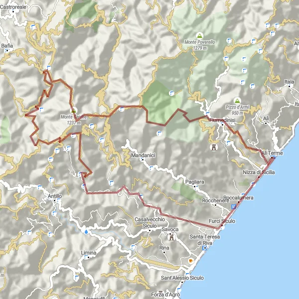 Miniatura della mappa di ispirazione al ciclismo "Tour in Gravel da Alì Terme a Fiumedinisi" nella regione di Sicilia, Italy. Generata da Tarmacs.app, pianificatore di rotte ciclistiche