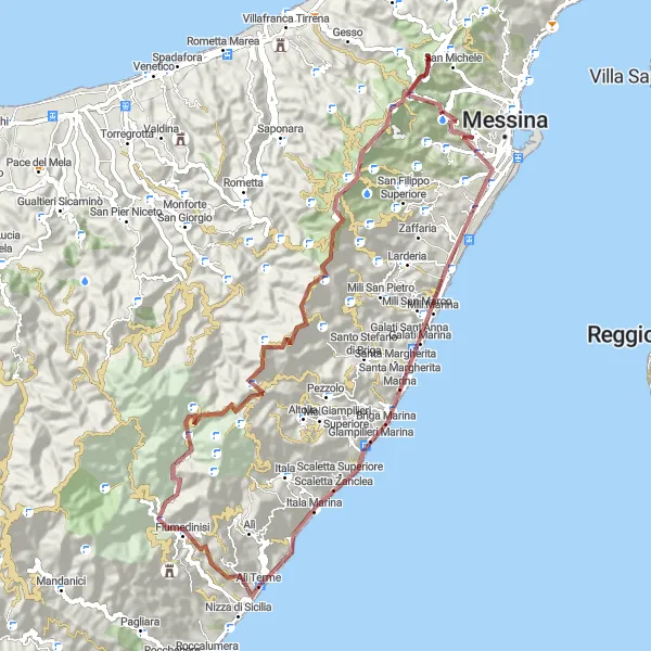 Miniatura della mappa di ispirazione al ciclismo "Giro in bicicletta da Alì Terme a Fiumedinisi e Scaletta Zanclea" nella regione di Sicilia, Italy. Generata da Tarmacs.app, pianificatore di rotte ciclistiche