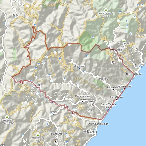 Miniatura della mappa di ispirazione al ciclismo "Percorso Gravel tra Alì Terme e Fiumedinisi" nella regione di Sicilia, Italy. Generata da Tarmacs.app, pianificatore di rotte ciclistiche
