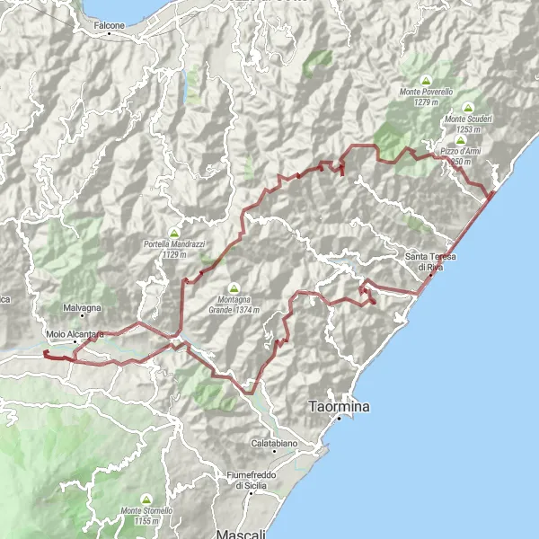 Map miniature of "Sant'Alessio Siculo to Pizzo Motta Gravel Route" cycling inspiration in Sicilia, Italy. Generated by Tarmacs.app cycling route planner