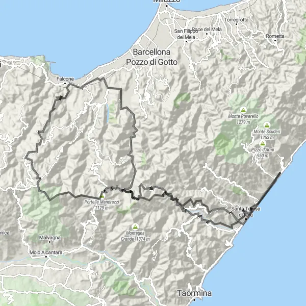 Miniatura della mappa di ispirazione al ciclismo "Tour Panoramico dei Monti Peloritani" nella regione di Sicilia, Italy. Generata da Tarmacs.app, pianificatore di rotte ciclistiche