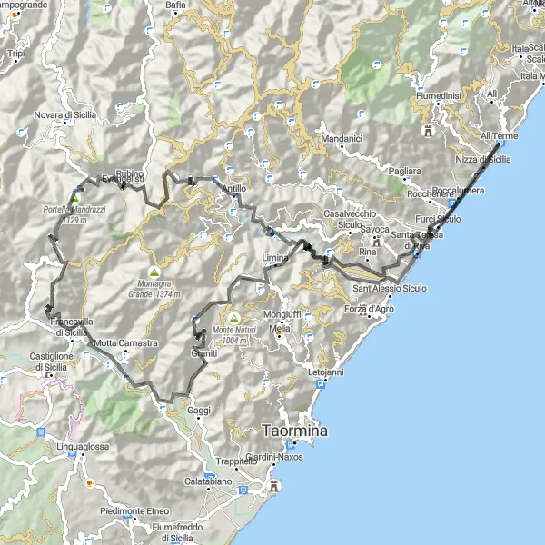 Miniatura della mappa di ispirazione al ciclismo "Tour delle Colline Siciliane" nella regione di Sicilia, Italy. Generata da Tarmacs.app, pianificatore di rotte ciclistiche