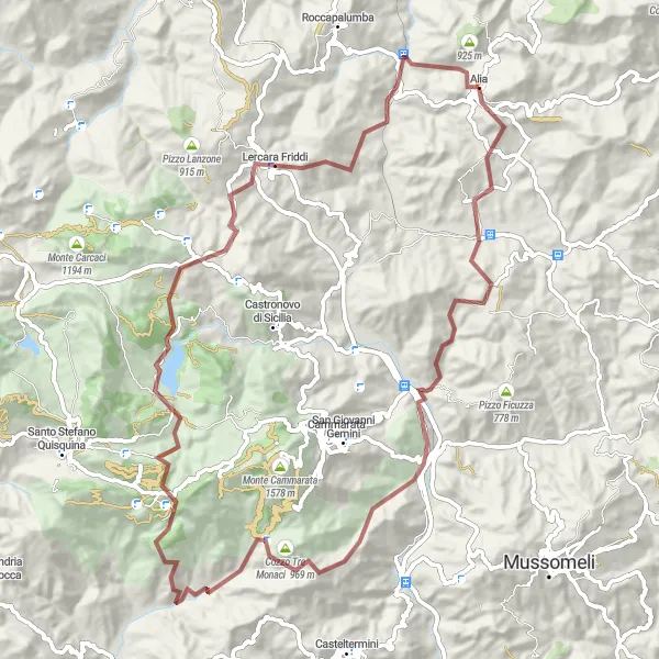 Miniatura della mappa di ispirazione al ciclismo "Tour delle Colline di Alia" nella regione di Sicilia, Italy. Generata da Tarmacs.app, pianificatore di rotte ciclistiche