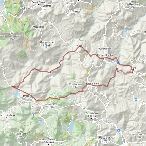 Map miniature of "Scenic Gravel Route to Roccapalumba" cycling inspiration in Sicilia, Italy. Generated by Tarmacs.app cycling route planner