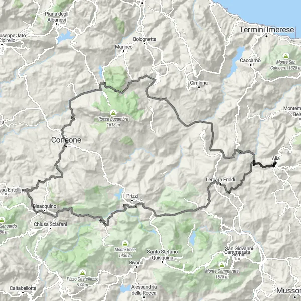 Miniatura della mappa di ispirazione al ciclismo "Tour in bicicletta su strada alla scoperta di borghi" nella regione di Sicilia, Italy. Generata da Tarmacs.app, pianificatore di rotte ciclistiche