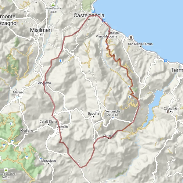 Miniatura della mappa di ispirazione al ciclismo "Giro in Gravel tra Altavilla Milicia e Monte Dagariato" nella regione di Sicilia, Italy. Generata da Tarmacs.app, pianificatore di rotte ciclistiche