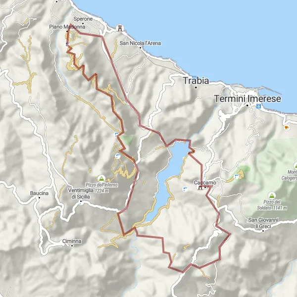 Map miniature of "The Gravel Climb to Rocca Rossa" cycling inspiration in Sicilia, Italy. Generated by Tarmacs.app cycling route planner