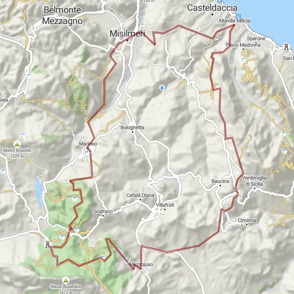 Miniatura della mappa di ispirazione al ciclismo "Tour in bicicletta gravel verso Monte Porcara" nella regione di Sicilia, Italy. Generata da Tarmacs.app, pianificatore di rotte ciclistiche