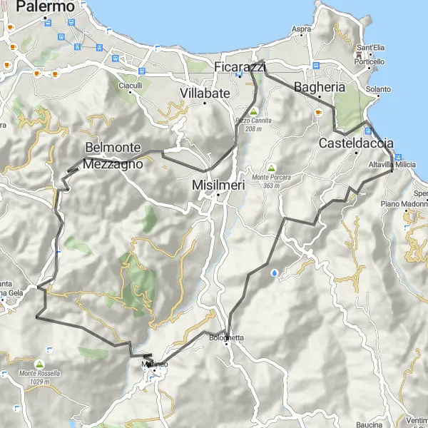 Map miniature of "Through the Rolling Hills of Sicilia" cycling inspiration in Sicilia, Italy. Generated by Tarmacs.app cycling route planner