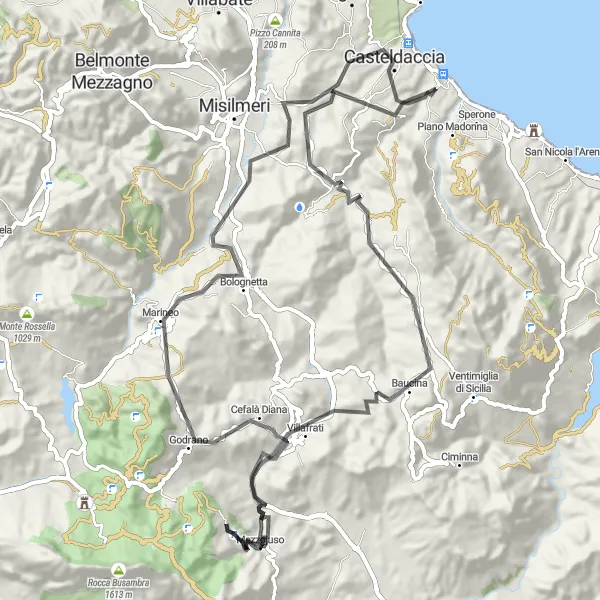 Map miniature of "The Mountaintop Adventure: Monte Torre" cycling inspiration in Sicilia, Italy. Generated by Tarmacs.app cycling route planner