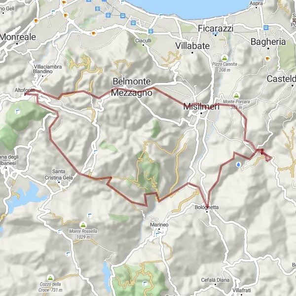 Miniatura della mappa di ispirazione al ciclismo "Percorso in bicicletta gravel tra Belmonte Mezzagno e Bolognetta" nella regione di Sicilia, Italy. Generata da Tarmacs.app, pianificatore di rotte ciclistiche