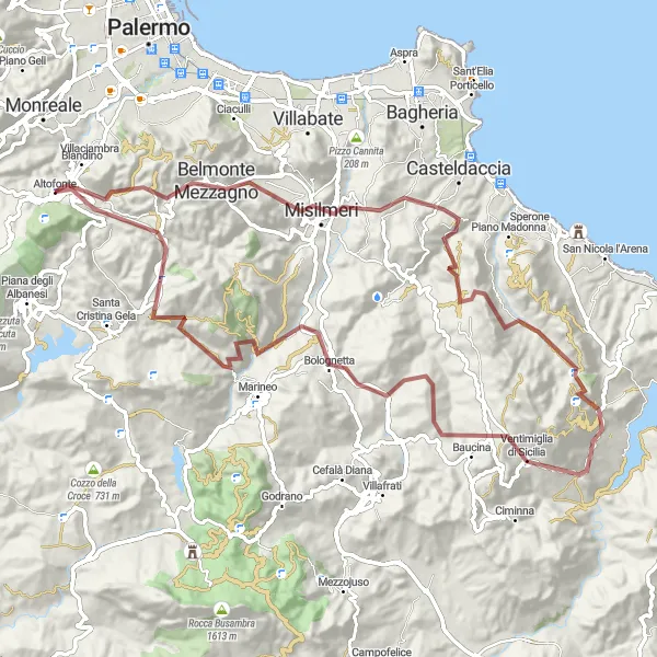 Miniatura della mappa di ispirazione al ciclismo "Avventura gravel tra Belmonte Mezzagno e Cozzo di Castro" nella regione di Sicilia, Italy. Generata da Tarmacs.app, pianificatore di rotte ciclistiche