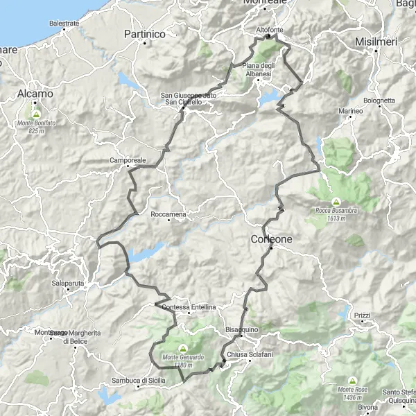 Map miniature of "Gela Corleone Circuit" cycling inspiration in Sicilia, Italy. Generated by Tarmacs.app cycling route planner