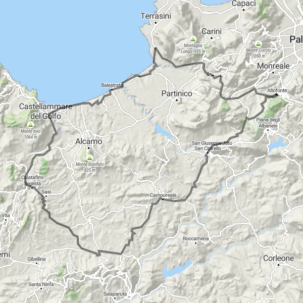 Map miniature of "Exploring Monte Jato and Montelepre" cycling inspiration in Sicilia, Italy. Generated by Tarmacs.app cycling route planner