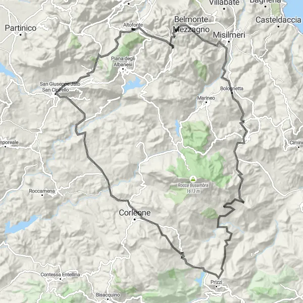 Miniatura della mappa di ispirazione al ciclismo "Esplorazione delle Colline Siciliane da Villafrati a Corleone" nella regione di Sicilia, Italy. Generata da Tarmacs.app, pianificatore di rotte ciclistiche