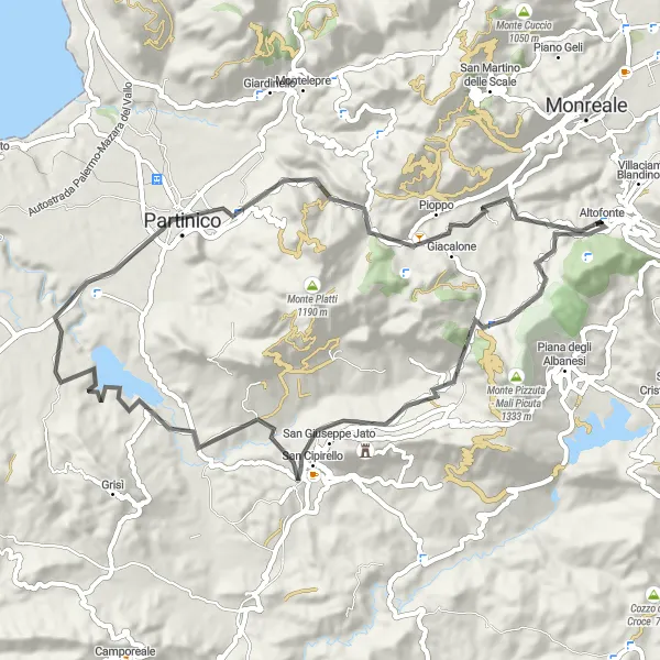 Map miniature of "Altofonte - Cozzo Paparina Loop" cycling inspiration in Sicilia, Italy. Generated by Tarmacs.app cycling route planner